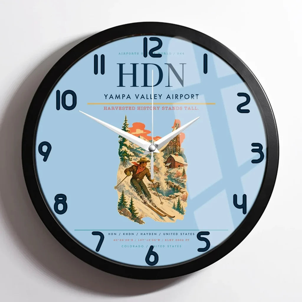 Yampa Valley Airport (HDN) design on light blue framed wall clock