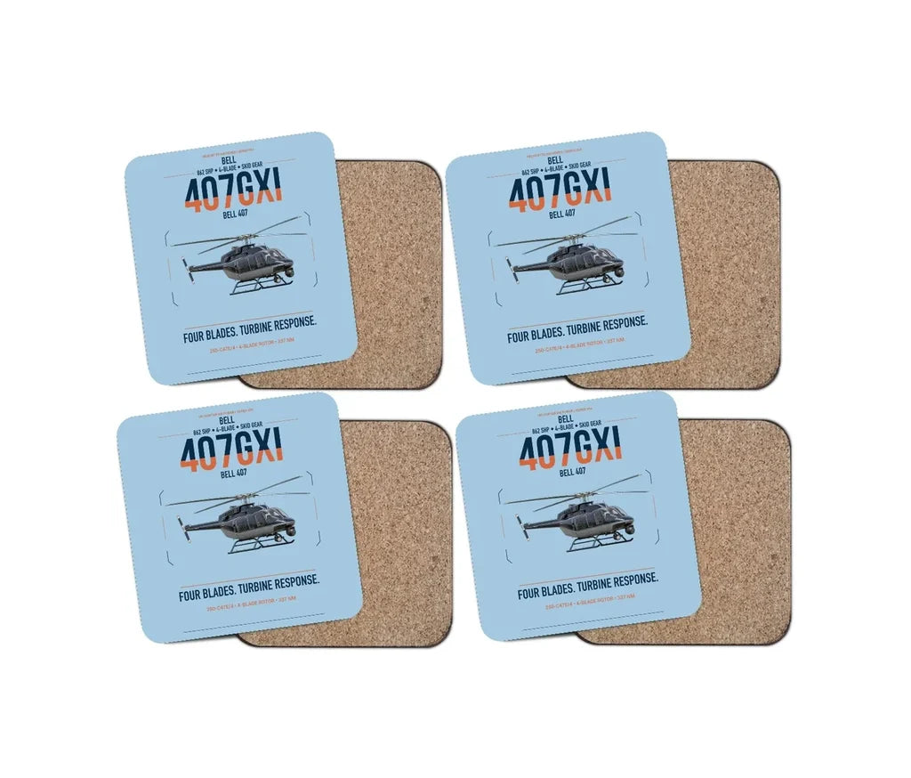 Bell 407GXi design on light blue 4 pieces set coaster
