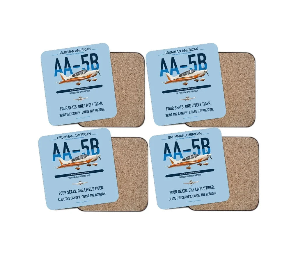 Grumman American AA-5B Tiger design on light blue 4 pieces set coaster