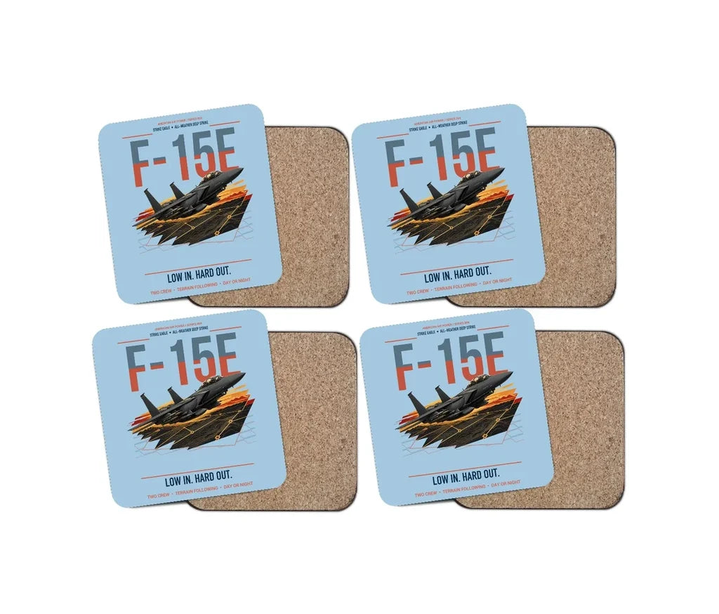 F-15E Strike Eagle design on light blue 4 pieces set coaster