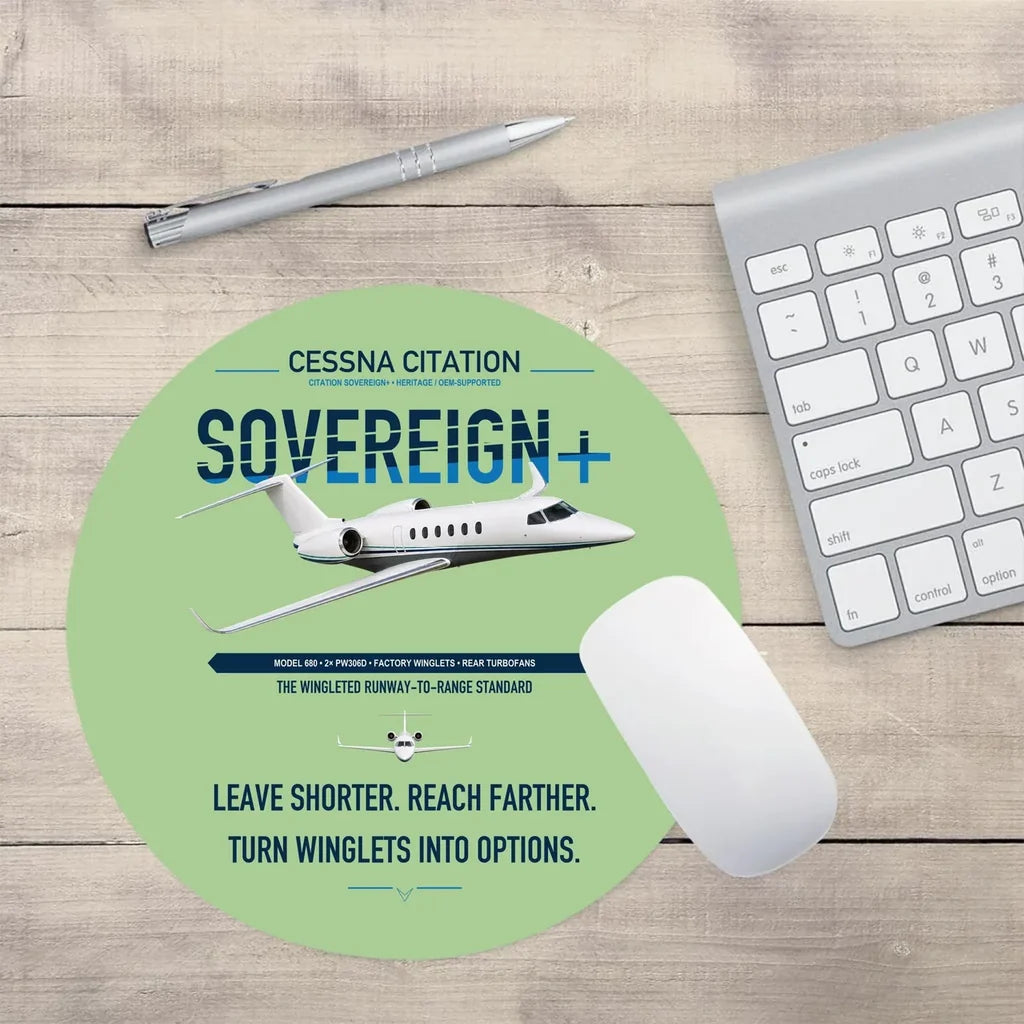 Cessna Citation Sovereign+ design on light green round mouse pad