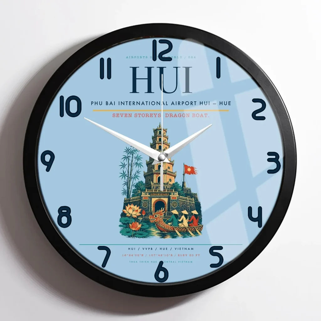 Phu Bai International Airport (HUI) design on light blue framed wall clock