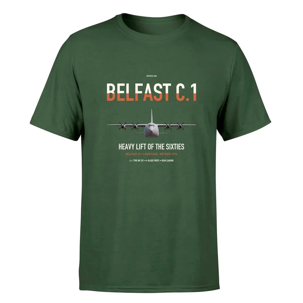 Short Belfast C.1 design on dark green double-side t-shirt, single-side print