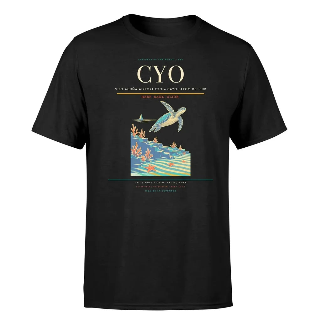 Vilo Acuña Airport (CYO) T-Shirt single-side front print in Black | vilo-acuña-airport-cyo-double-side-t-shirt