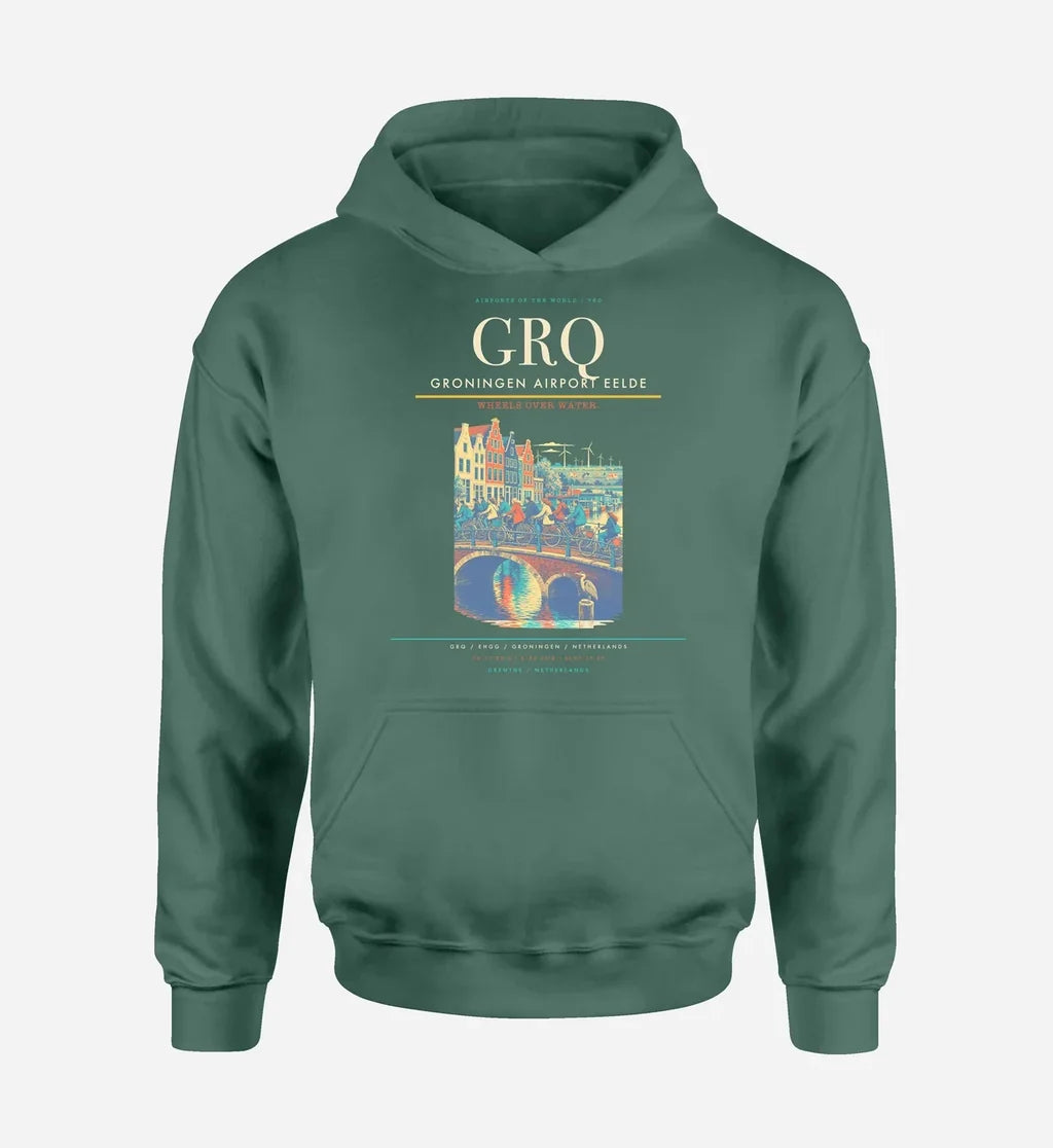 Groningen Airport Eelde (GRQ) design on green hoodie single-side print
