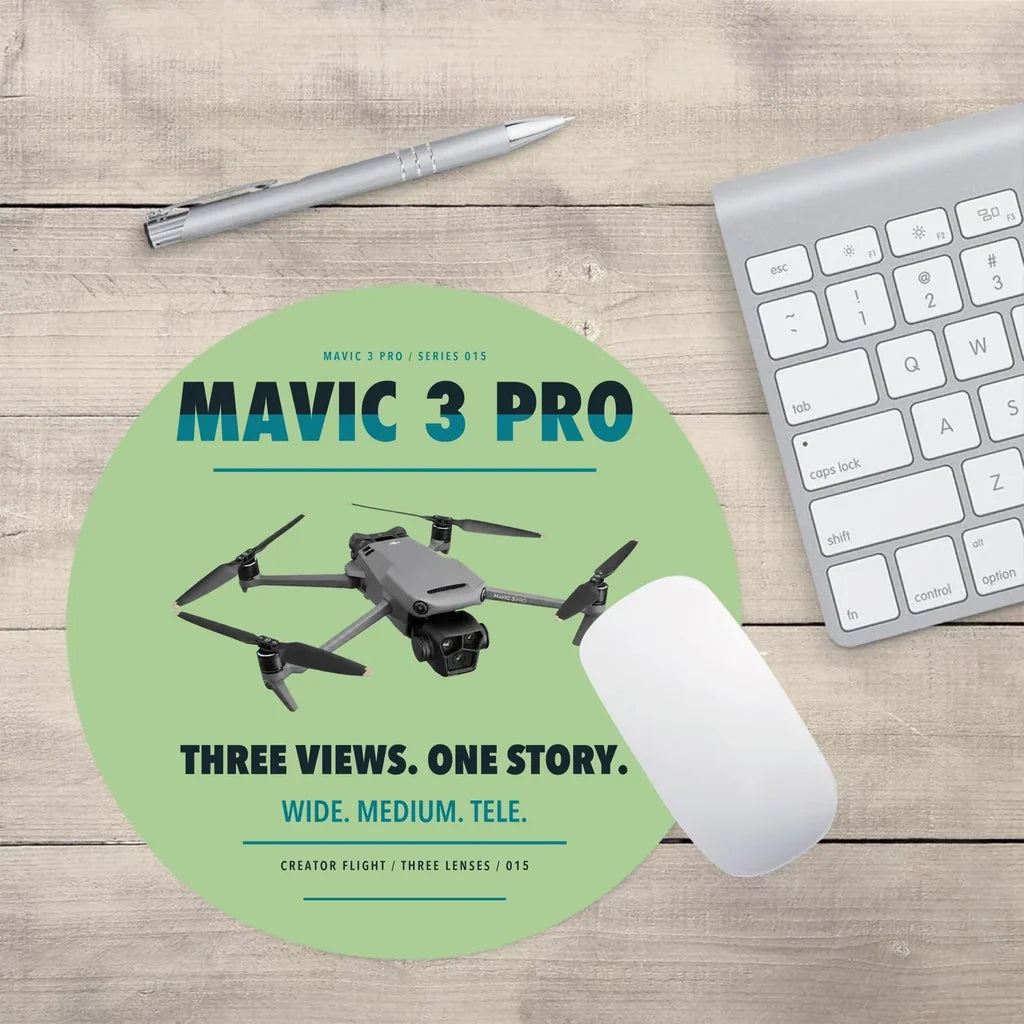DJI Mavic 3 Pro design on light green round mouse pad