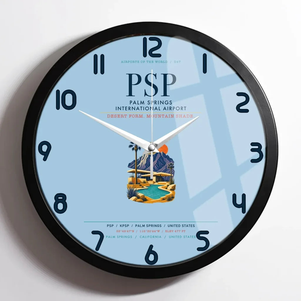 Palm Springs International Airport (PSP) design on light blue framed wall clock