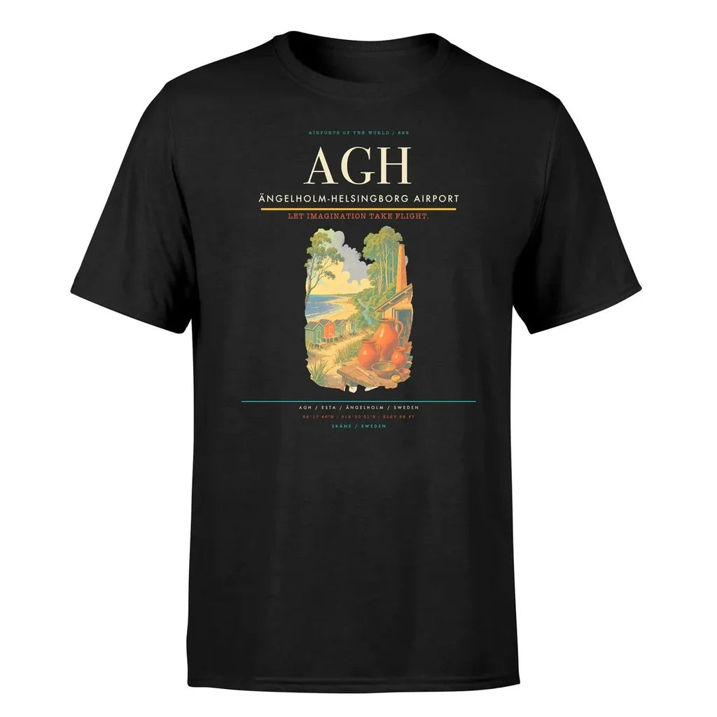 Ängelholm-Helsingborg Airport (AGH) T-Shirt single-side front print in Black | ängelholm-helsingborg-airport-agh-double-side-t-shirt