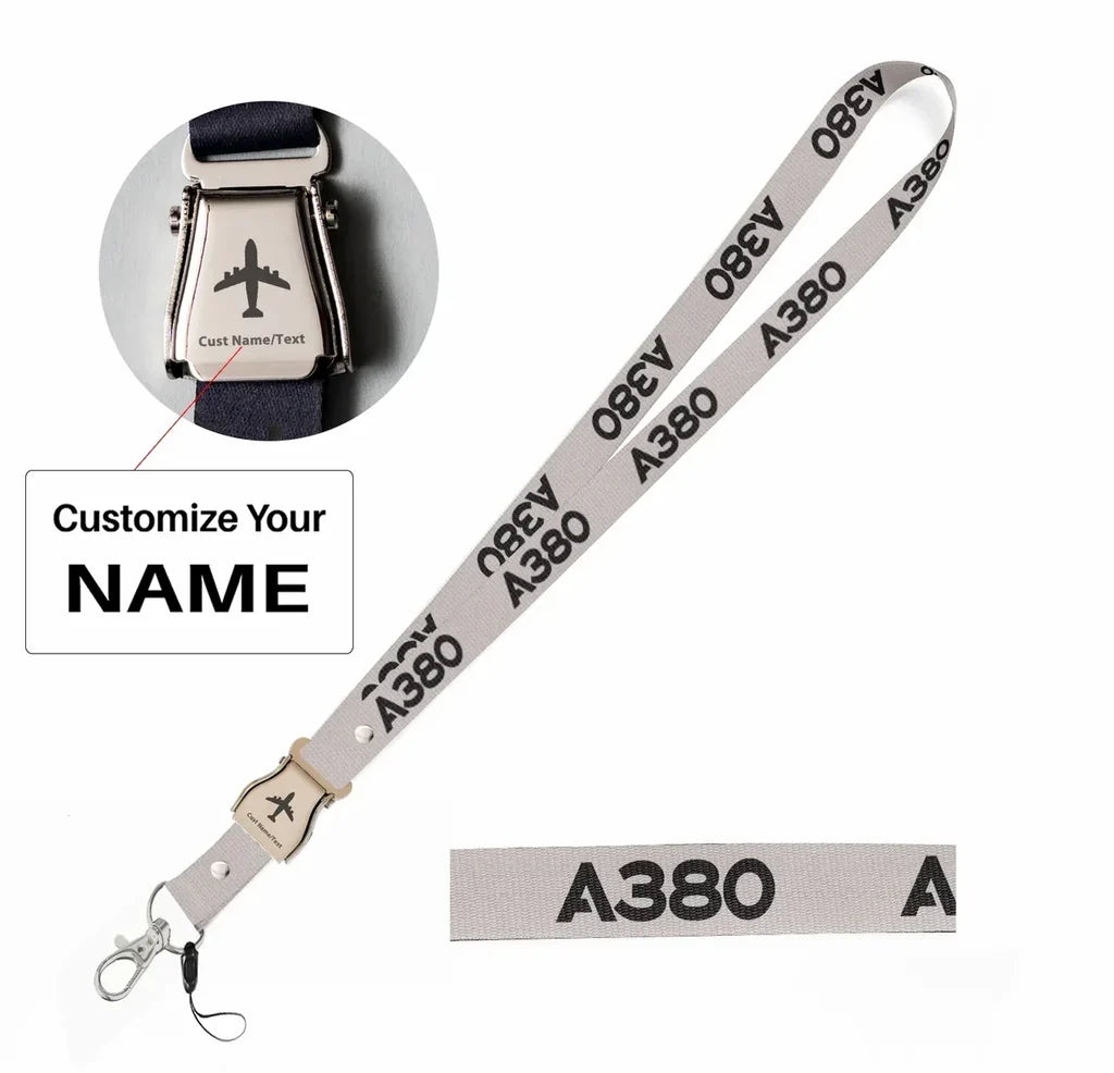Airbus A380 Flat Text seat belt lanyard - light gray with name