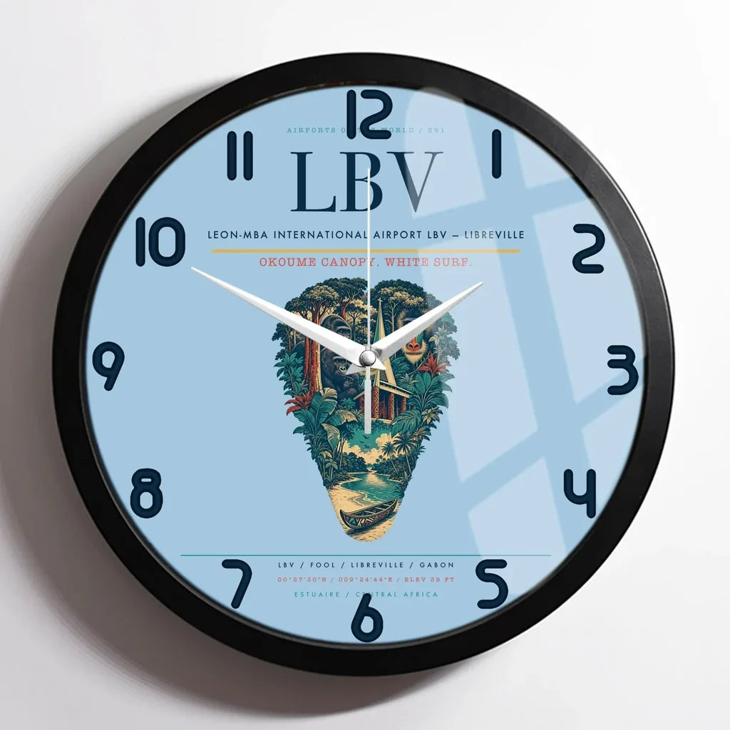Leon-Mba International Airport (LBV) design on light blue framed wall clock