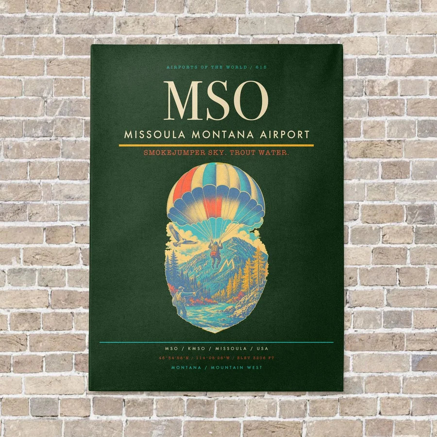 Missoula Montana Airport MSO vertical canvas print - no frame - dark green background