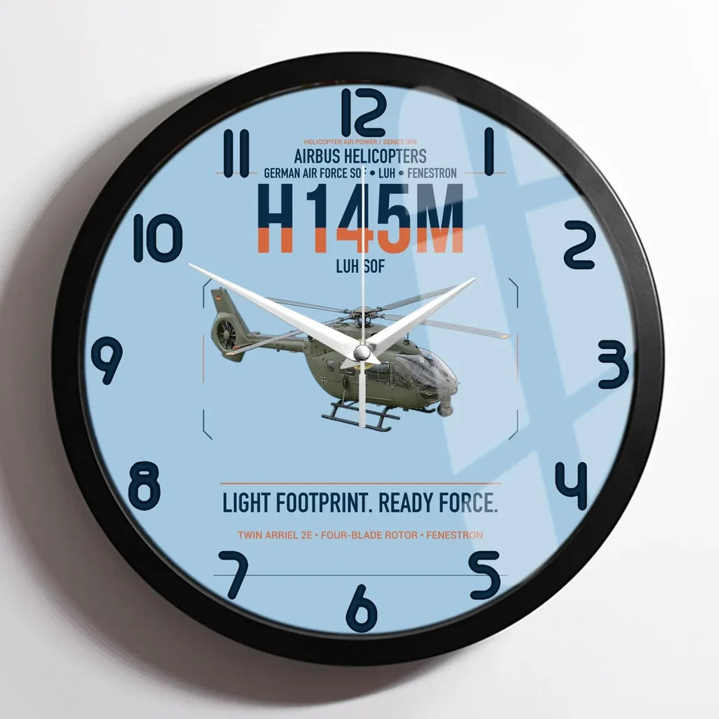Airbus Helicopters H145M LUH SOF design on light blue framed wall clock