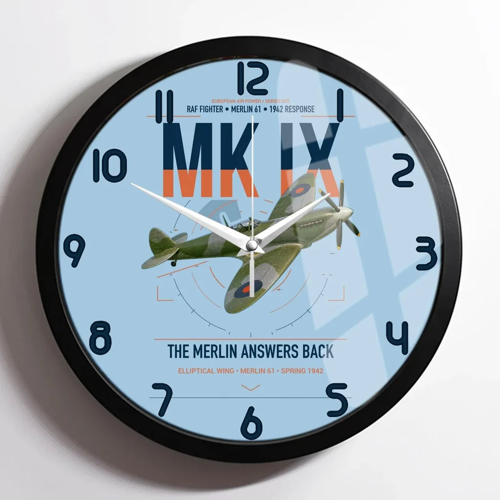 Supermarine Spitfire Mk IX design on light blue framed wall clock