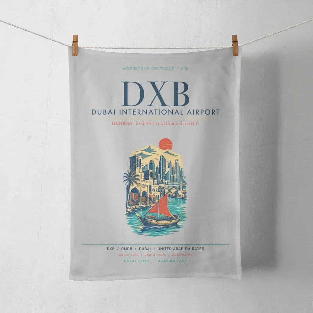 Dubai International Airport (DXB) design on light gray towel