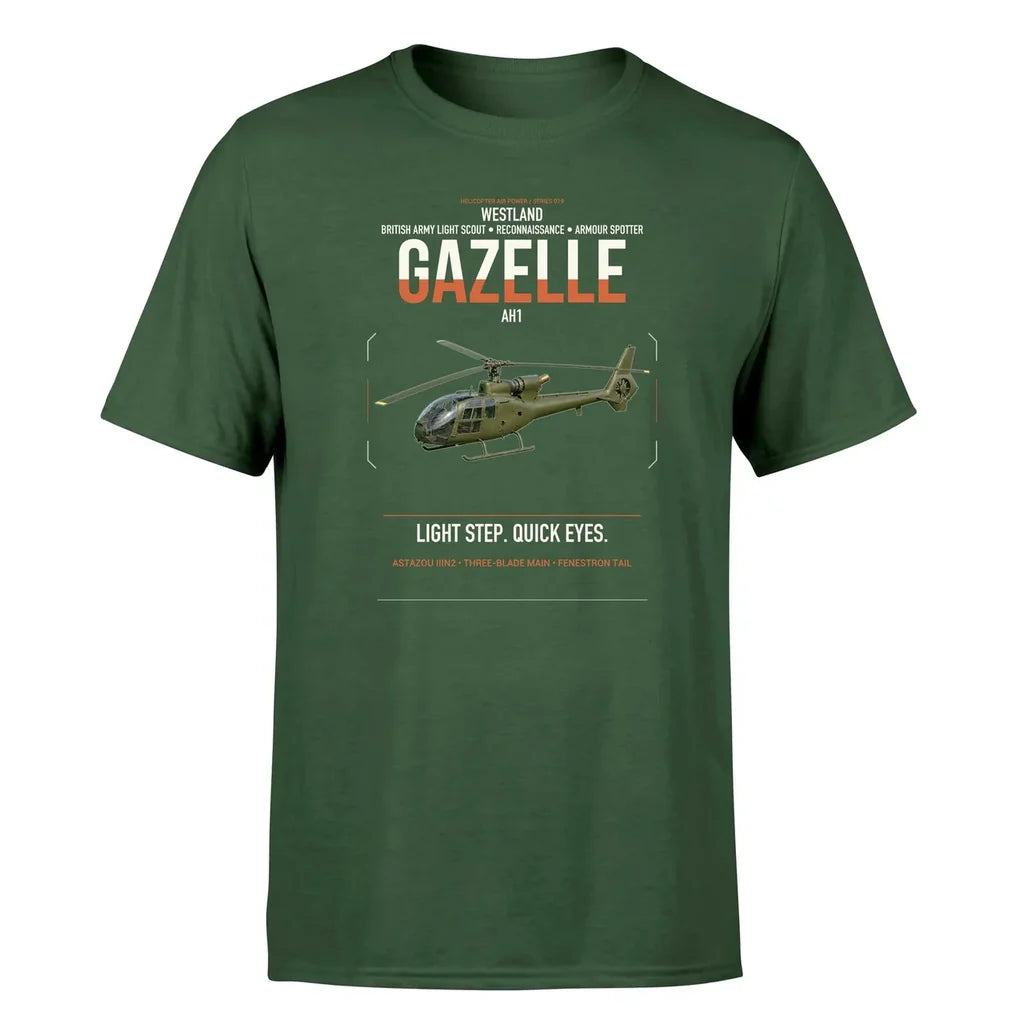 Westland Gazelle AH1 design on dark green t-shirt, single-side print
