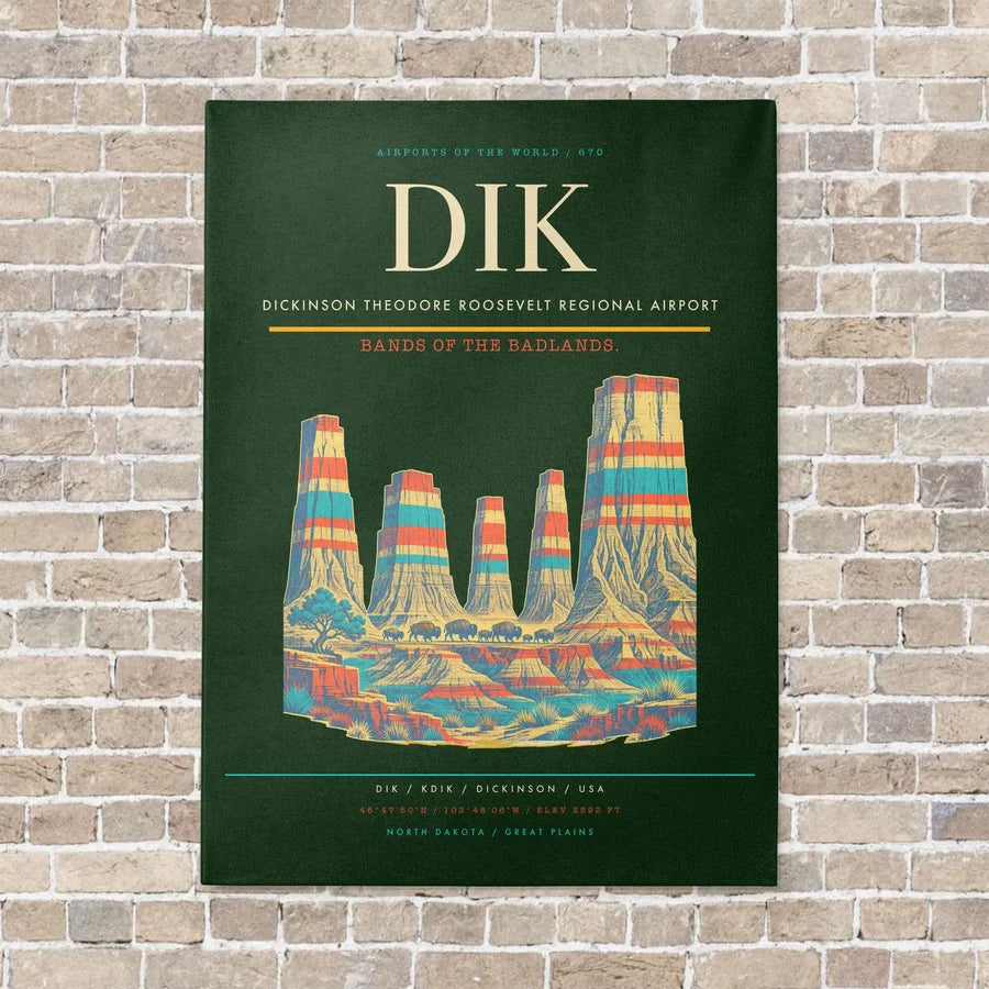 Dickinson Theodore Roosevelt Regional Airport DIK vertical canvas print - no frame - dark green background