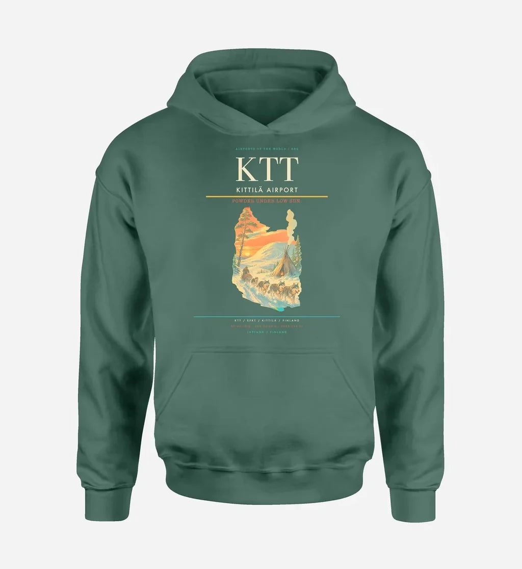 Kittilä Airport (KTT) design on green hoodie single-side print