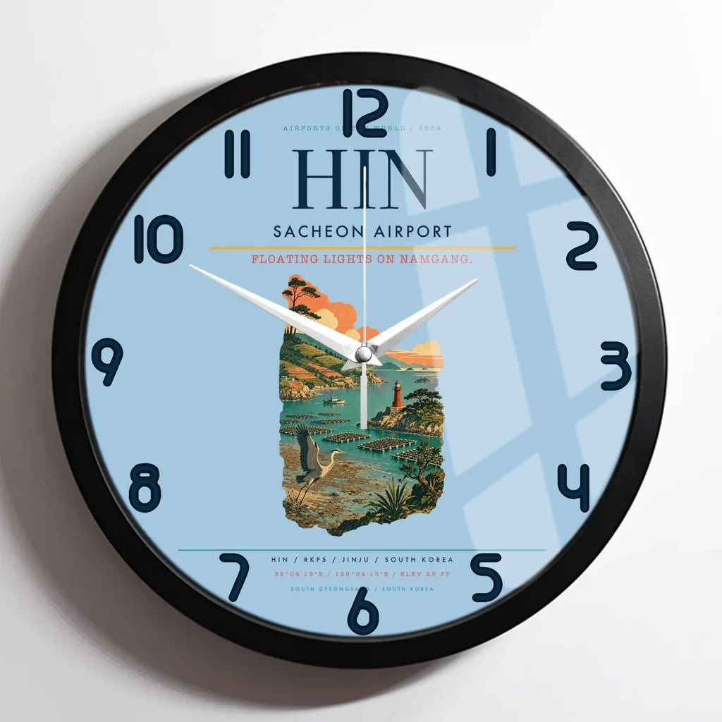 Sacheon Airport (HIN) design on light blue framed wall clock
