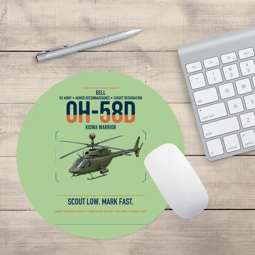 Bell OH-58D Kiowa Warrior design on light green round mouse pad