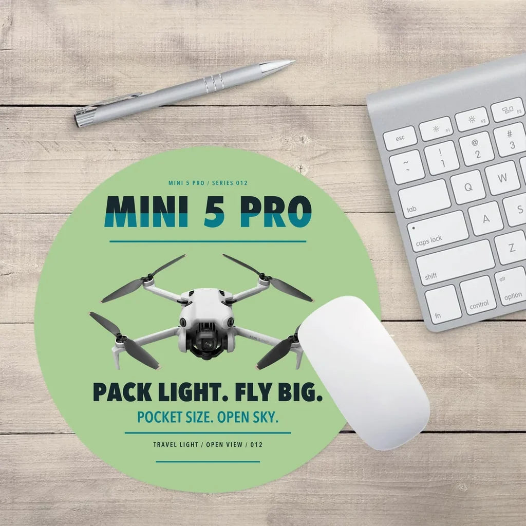 DJI Mini 5 Pro design on light green round mouse pad