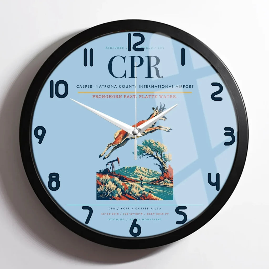 Casper–Natrona County International Airport (CPR) design on light blue framed wall clock