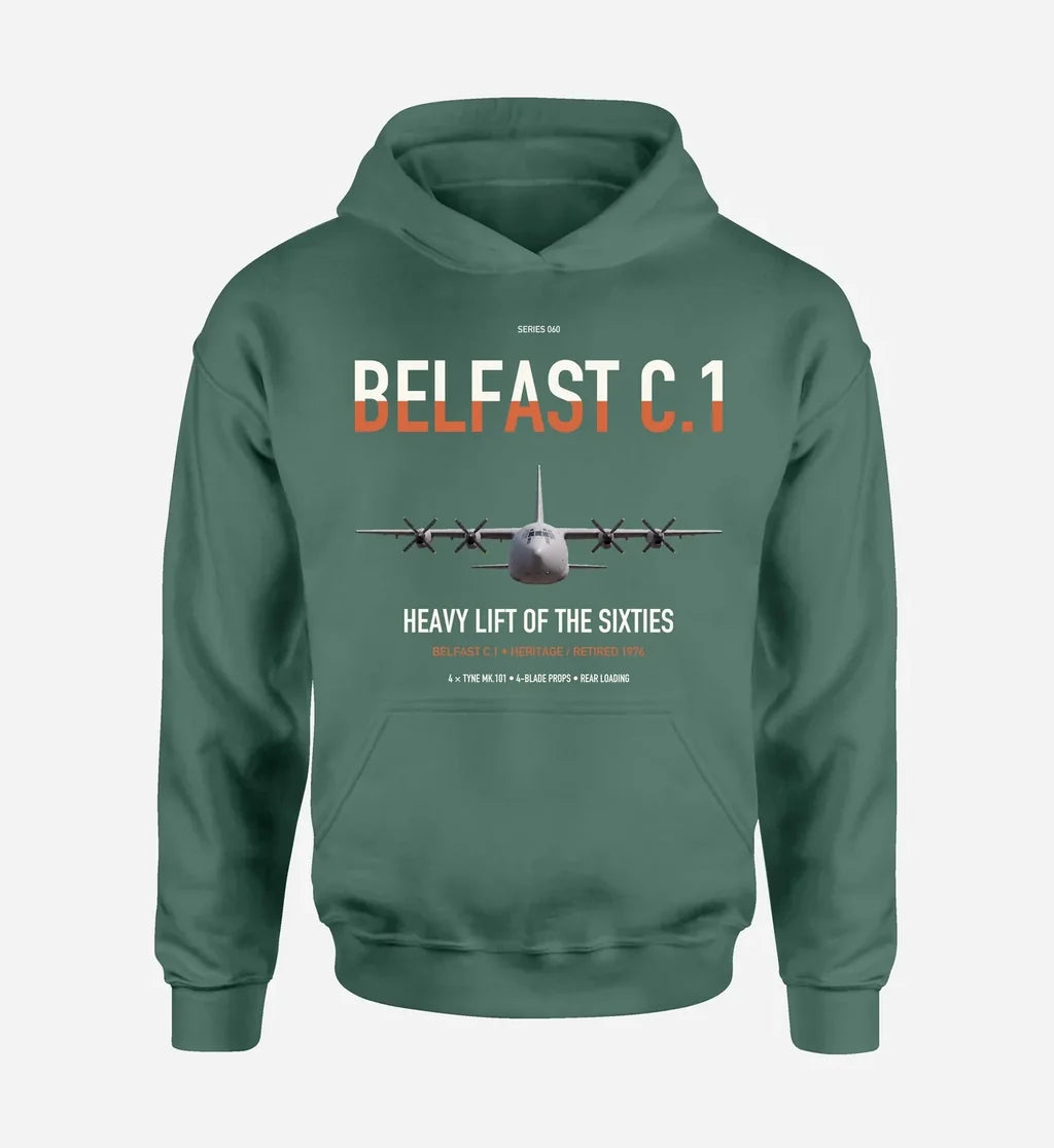 Short Belfast C.1 design on green double-side hoodie, single-side print