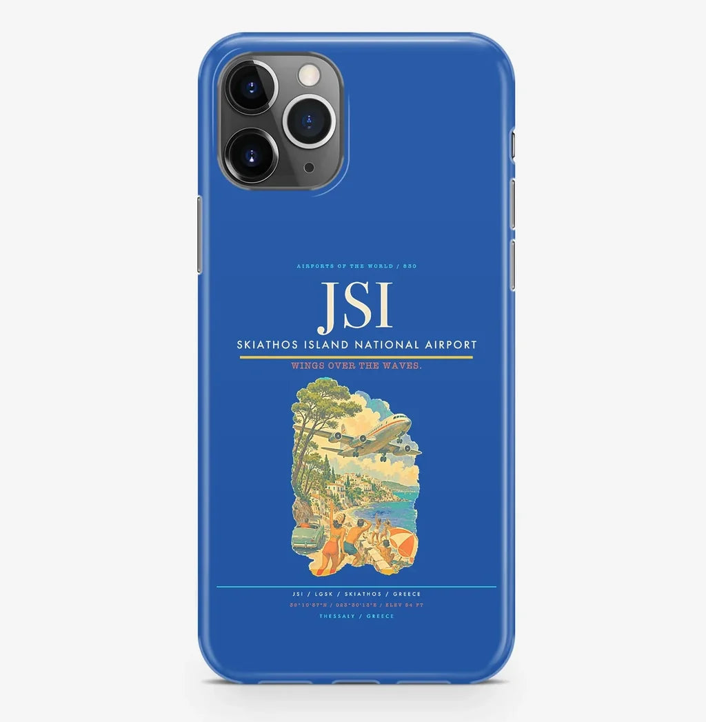 Skiathos Airport (JSI) design on blue iPhone 16 Pro MagSafe case