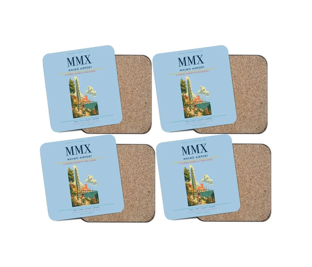 Malmo Airport (MMX) design on light blue 4 pieces set coaster