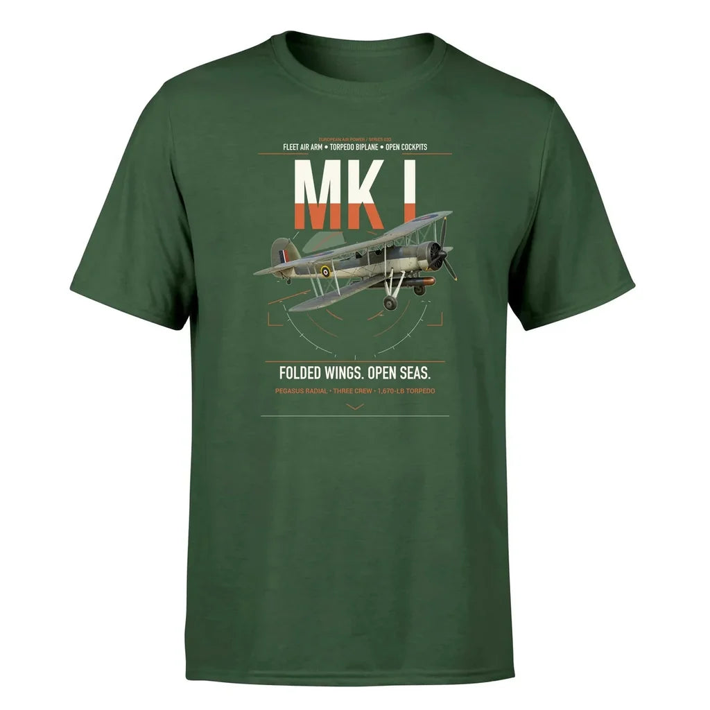 Fairey Swordfish Mk I design on dark green t-shirt, single-side print