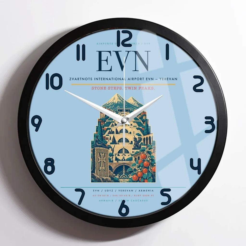 Zvartnots International Airport (EVN) design on light blue framed wall clock