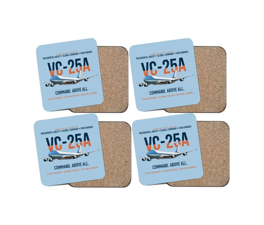 VC-25A Air Force One Presidential Airlift design on light blue 4 pieces set coaster
