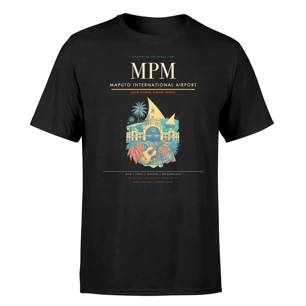 Maputo International Airport (MPM) T-Shirt single-side front print in Black | maputo-international-airport-mpm-double-side-t-shirt