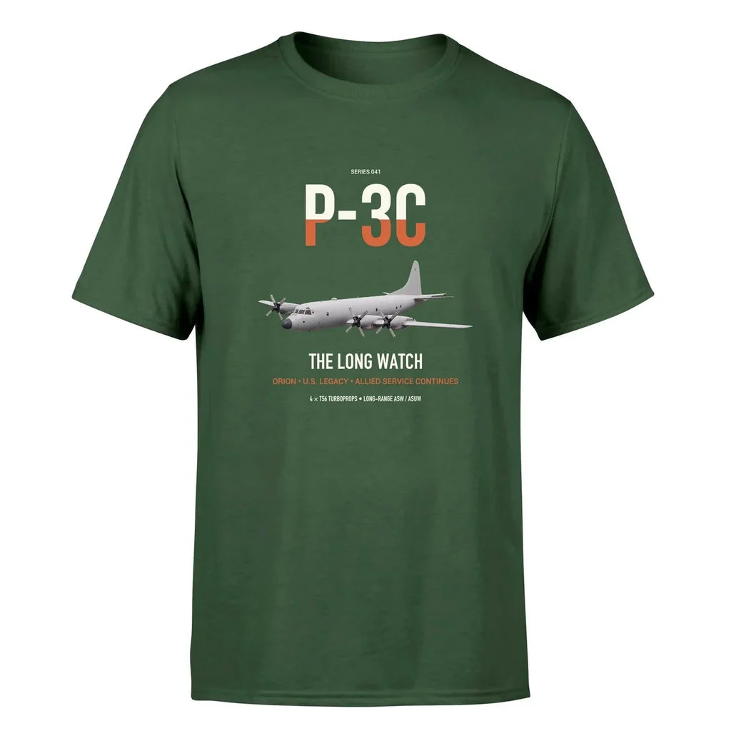 P-3C Orion design on dark green double-side t-shirt, single-side print