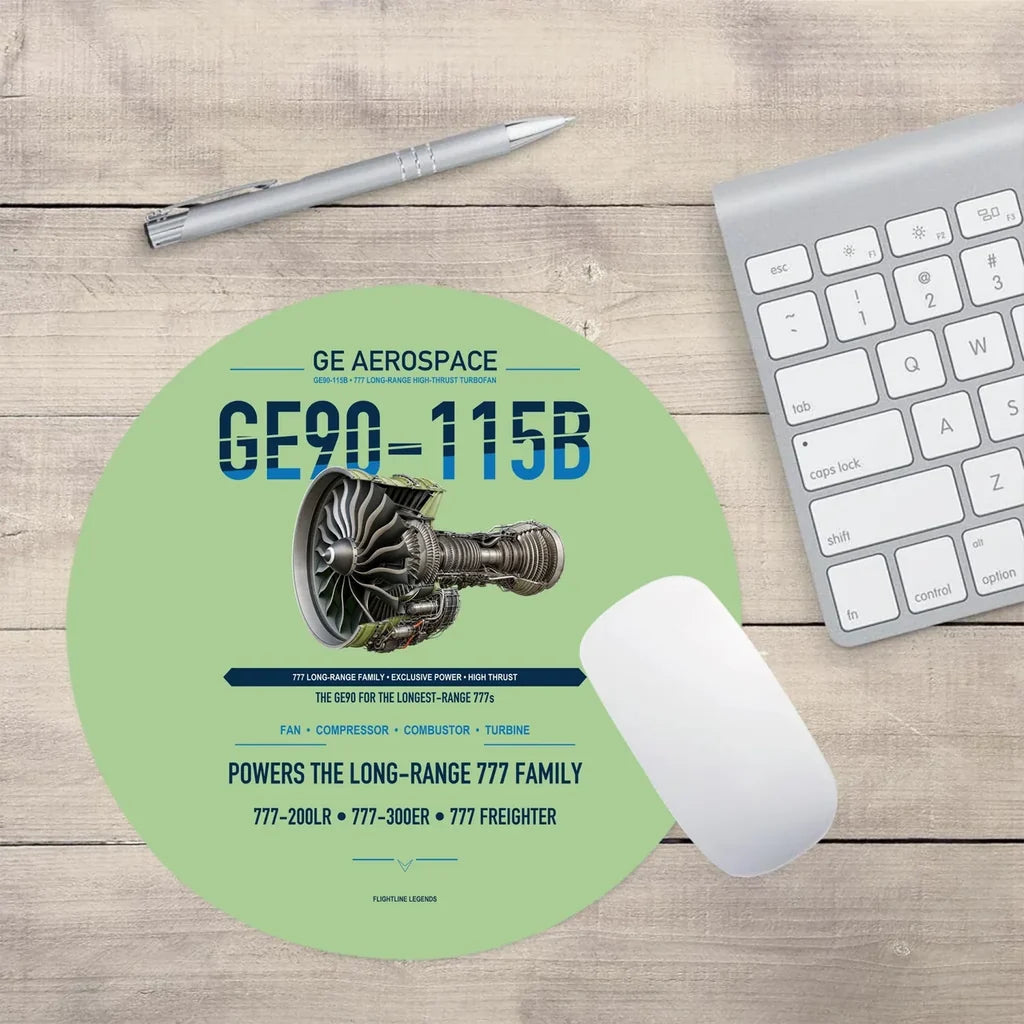 GE90-115B design on light green round mouse pad