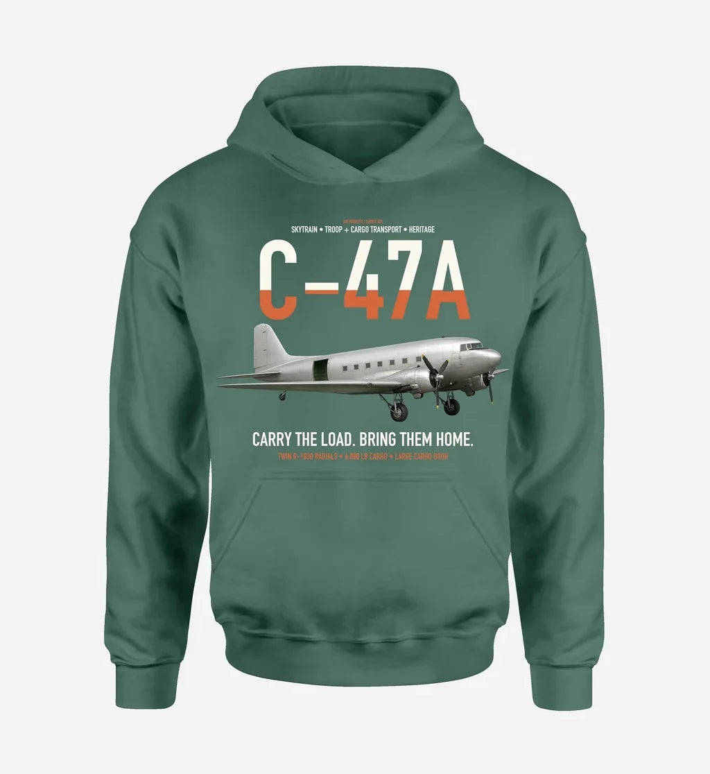 C-47A Skytrain design on green double-side hoodie, single-side print
