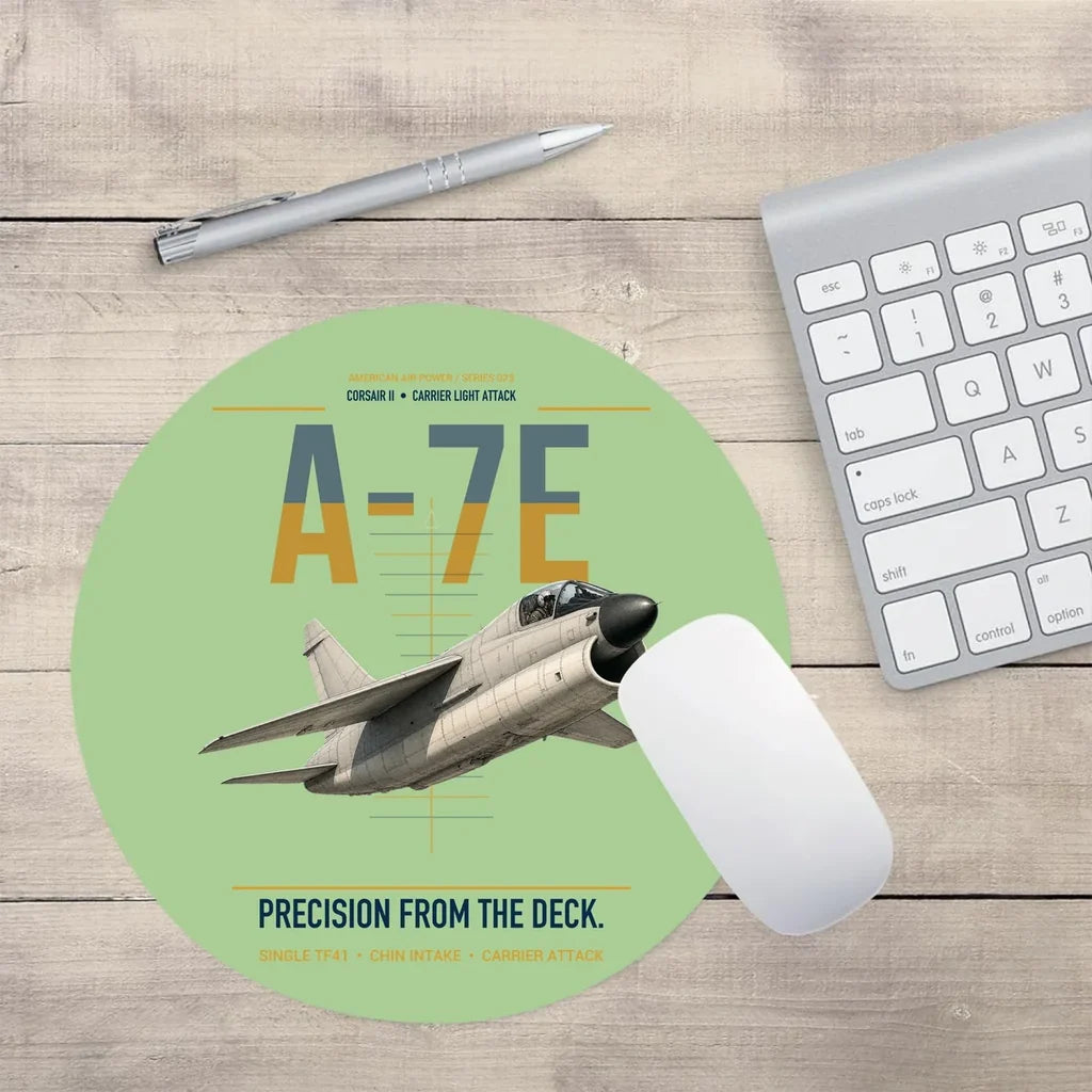 A-7E Corsair II design on light green round mouse pad