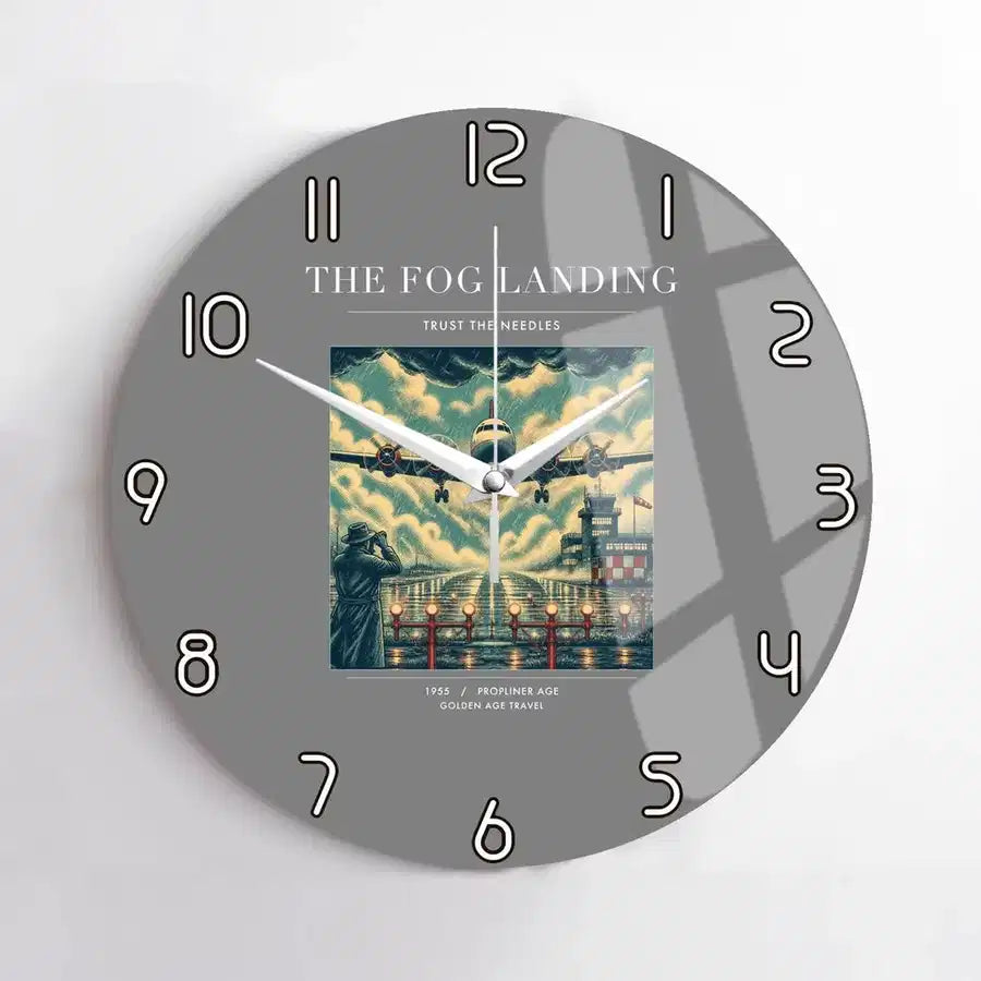 VINTAGE G4095 - The Fog Landing - Designed Wall Clocks design on gray no-frame
