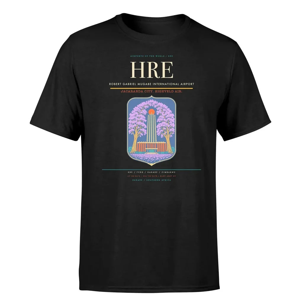 Robert Gabriel Mugabe International Airport (HRE) T-Shirt single-side front print in Black | robert-gabriel-mugabe-international-airport-hre-double-side-t-shirt