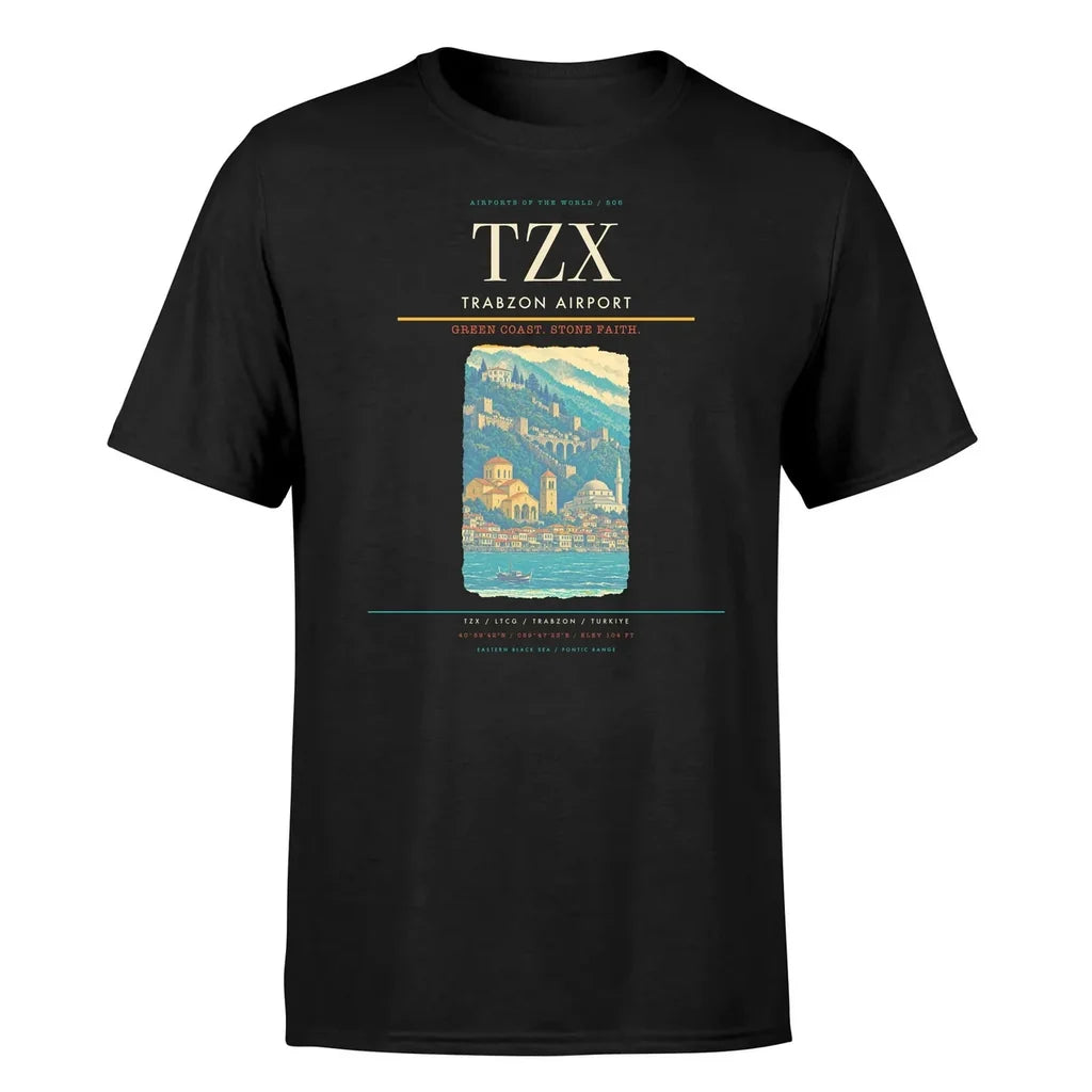 Trabzon Airport (TZX) T-Shirt single-side front print in Black | trabzon-airport-tzx-double-side-t-shirt