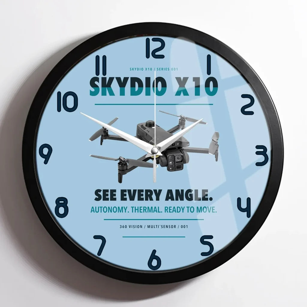 Skydio X10 design on light blue framed wall clock