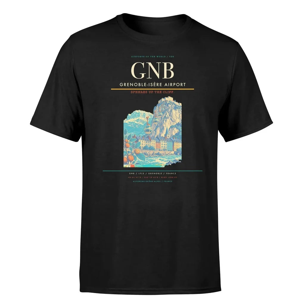Grenoble-Isère Airport (GNB) T-Shirt single-side front print in Black | grenoble-isère-airport-gnb-double-side-t-shirt