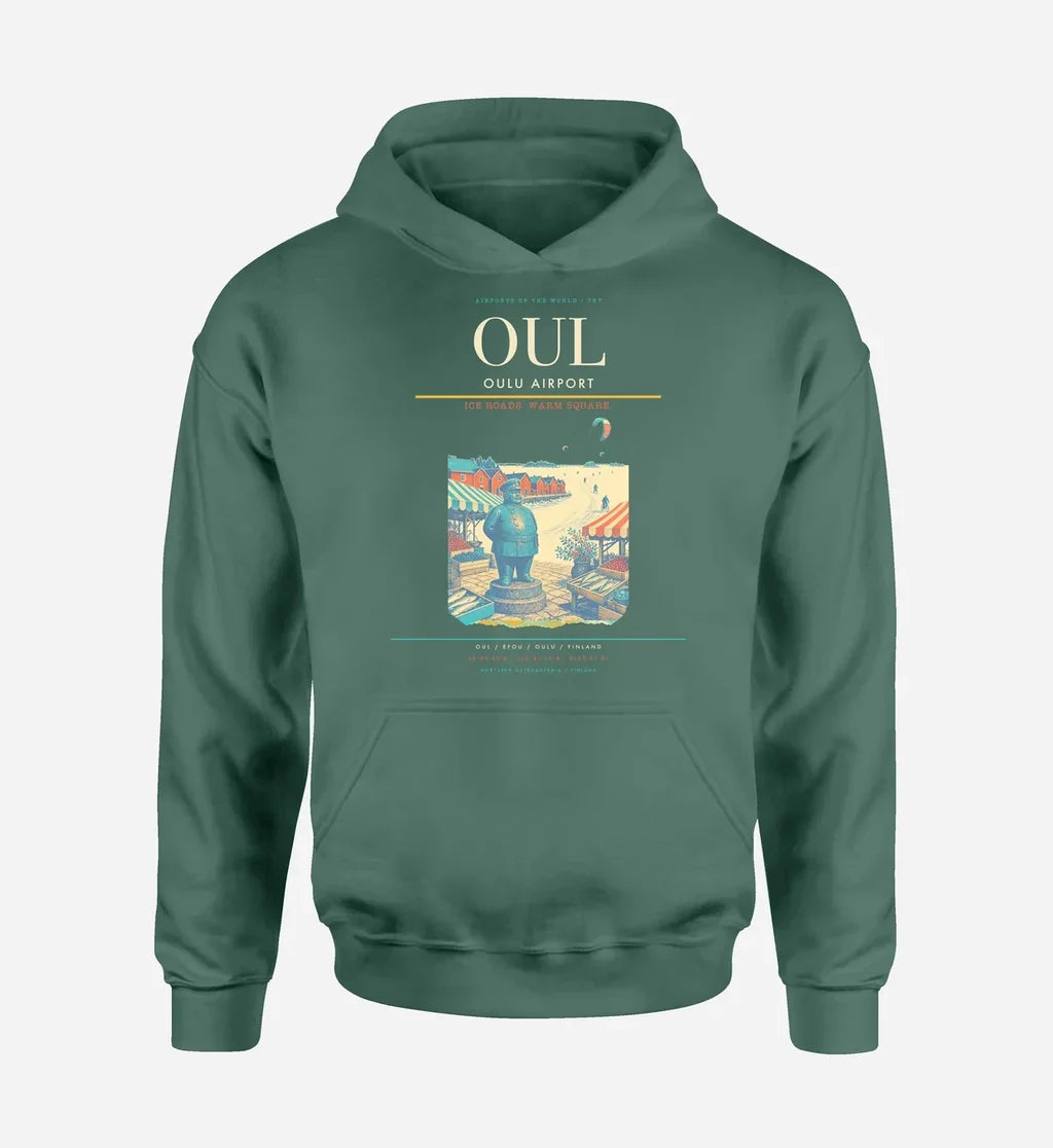 Oulu Airport (OUL) design on green hoodie single-side print