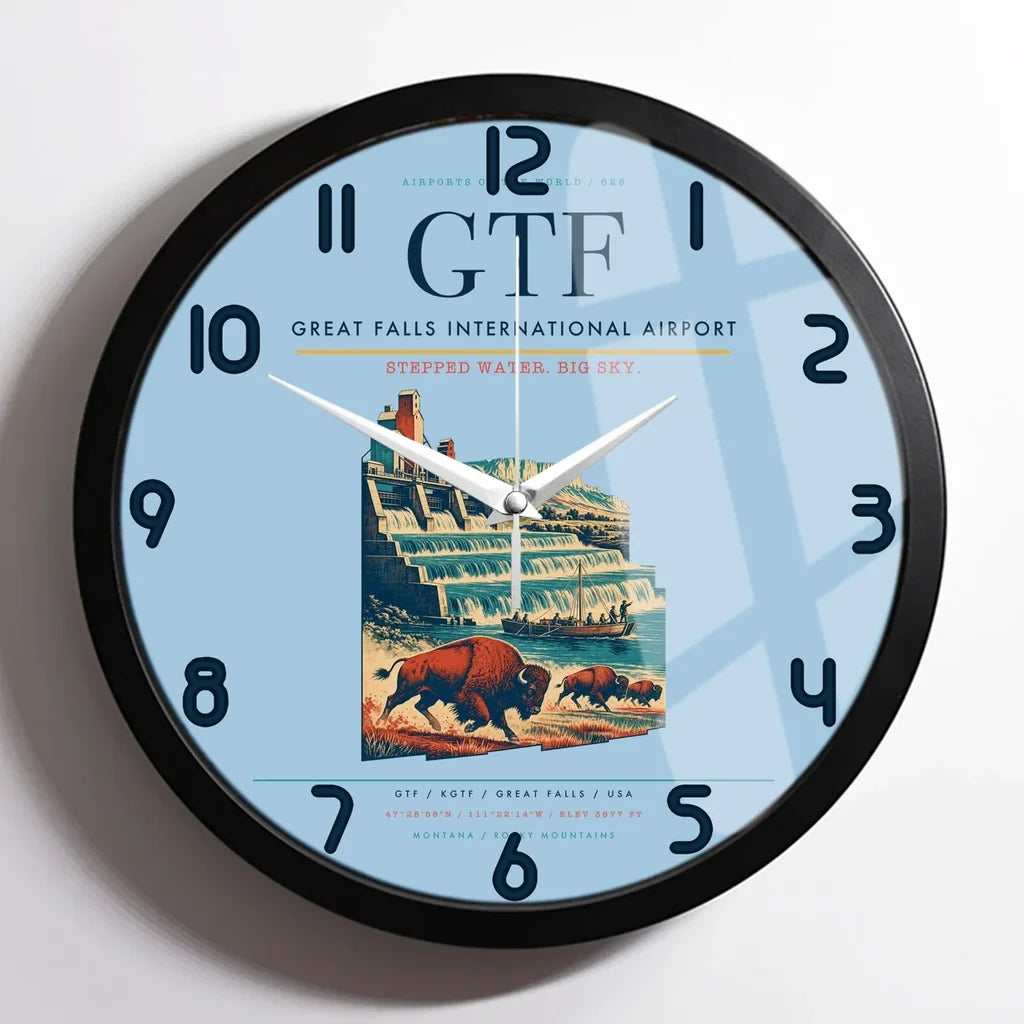 Great Falls International Airport (GTF) design on light blue framed wall clock
