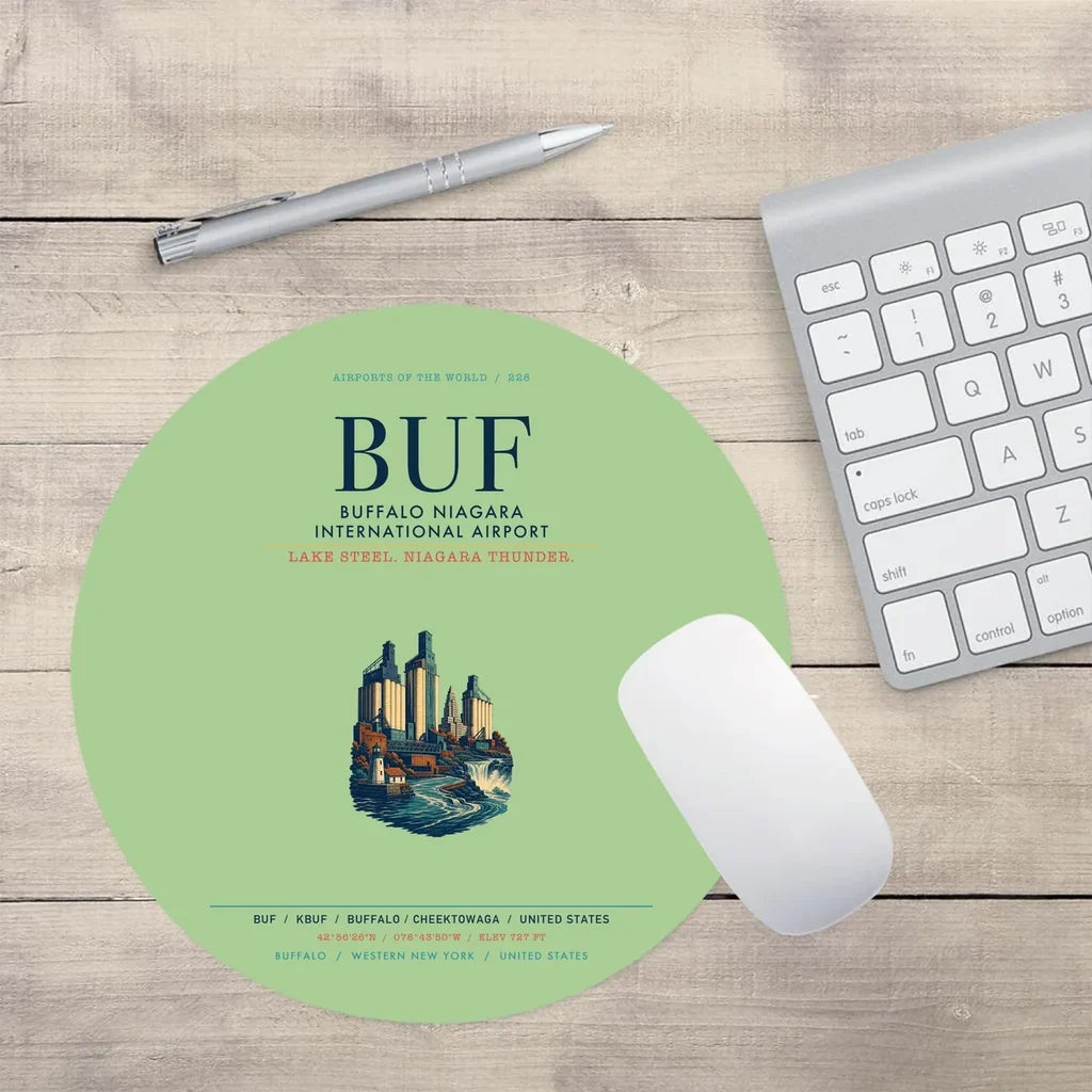Buffalo Niagara International Airport (BUF) design on light green round mouse pad