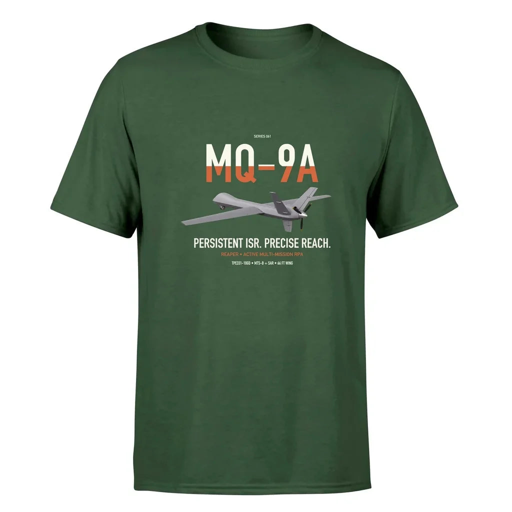 MQ-9A Reaper design on dark green double-side t-shirt, single-side print