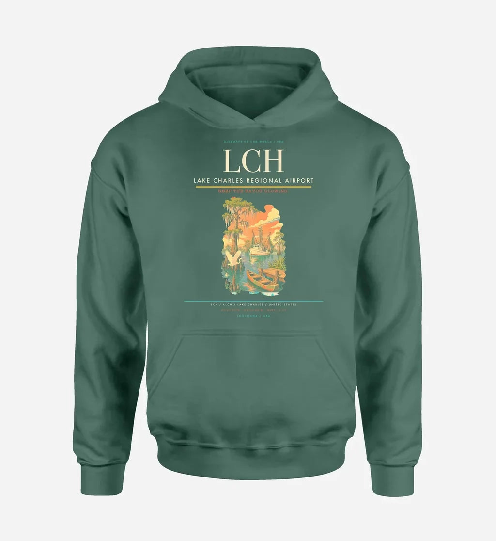 Lake Charles Regional Airport (LCH) design on green hoodie single-side print