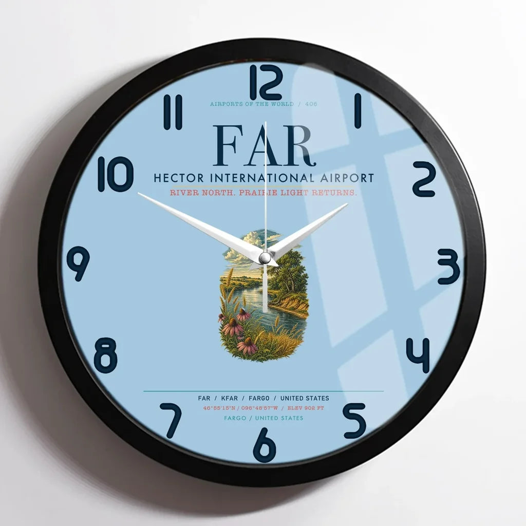 Hector International Airport (FAR) design on light blue framed wall clock