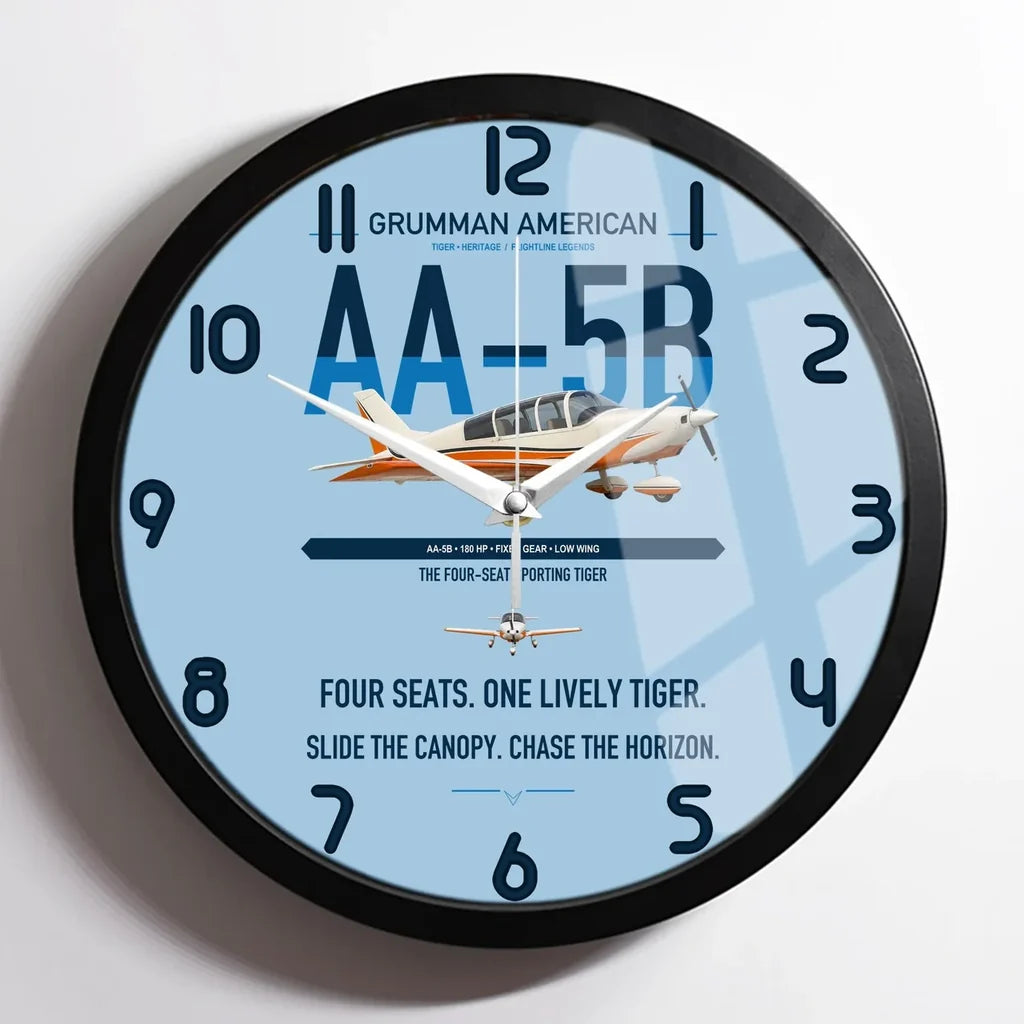 Grumman American AA-5B Tiger design on light blue framed wall clock