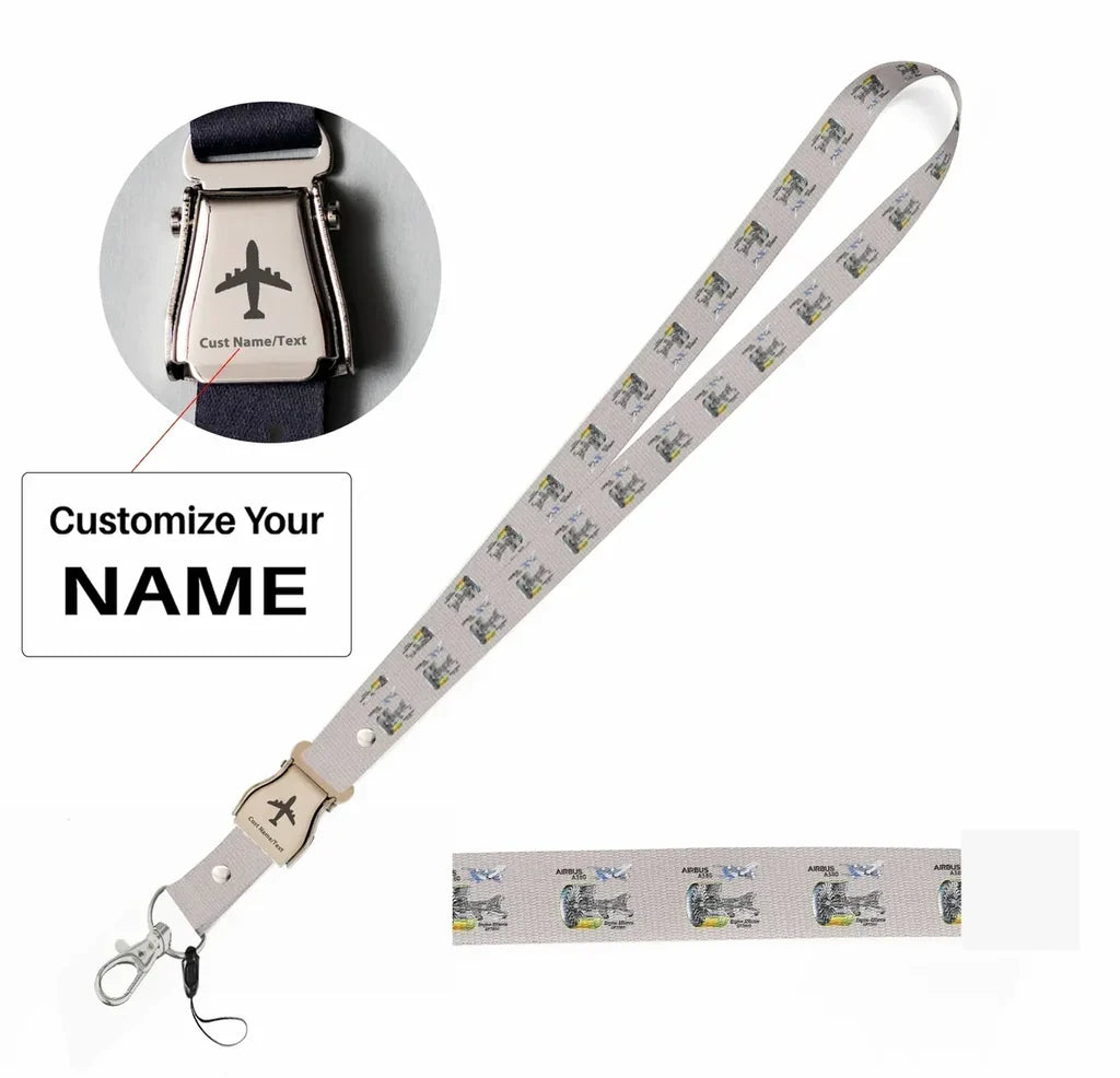 Airbus A380 & GP7000 Engine seat belt lanyard - light gray with name