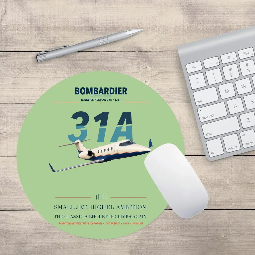 Bombardier Learjet 31A design on light green round mouse pad